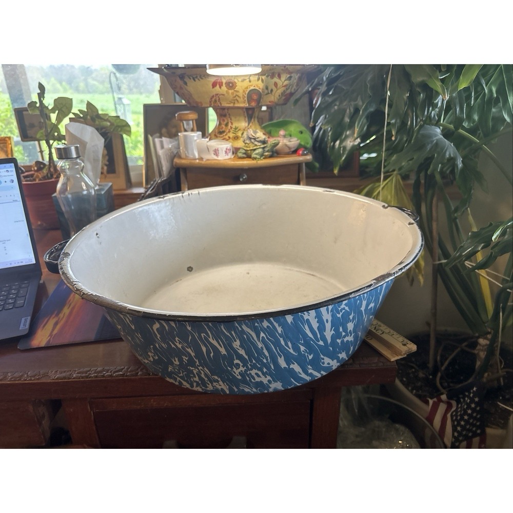 Vintage Enamel Ware Graniteware‎ Tub Basin Farm House Handle Bowl 19" Blue Swirl